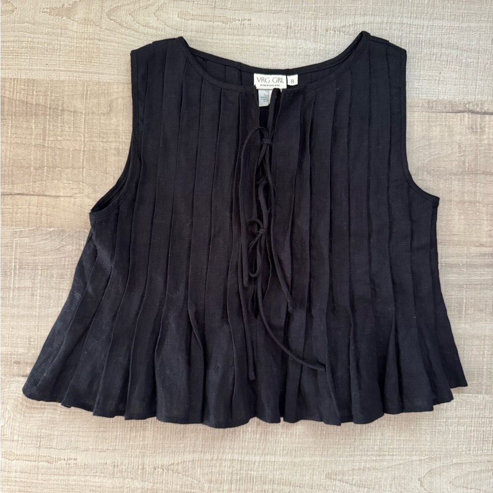 VRG Girl Black Linen Sleeveless Pleated Top